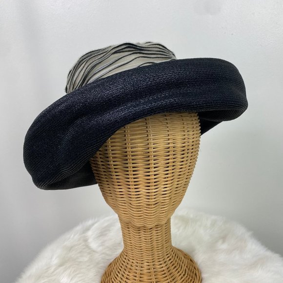 Vintage Woven Black & White Hat Ruffles Union Made - Picture 1 of 9